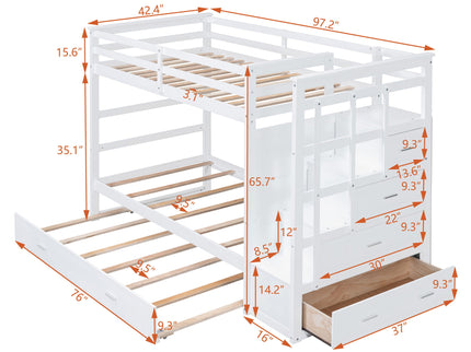 Twin Over Twin Bunk Bed With Trundle And Staircase - White
