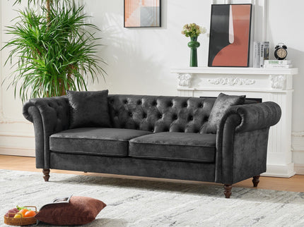 Chesterfield Sofa, High Tech Fabric Roll Armrest, 3 Seater Mid Century Modern Couch - Black