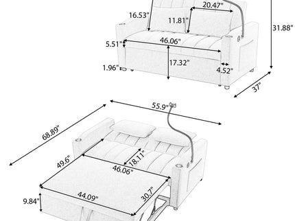 Convertible Sofa Bed Loveseat Sofa With Three USB Ports, Two Side Pockets, Two Cup Holders And 360° swivel Phone Holder For Living Room