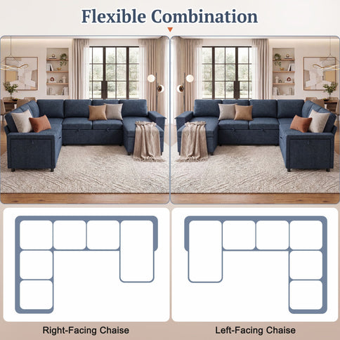 U - Shaped Convertible Sectional Sofa Bed With Storage, USB Charger & Cup Holders
