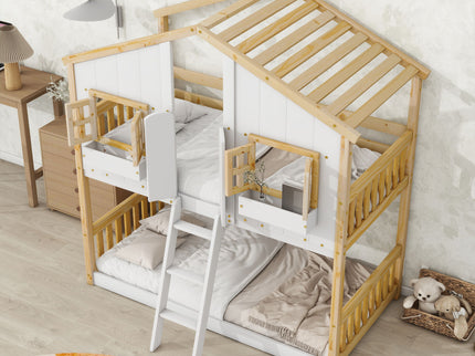 House Bunk Bed With Roof, Window, Window Box, Door, With Safety Guardrails And Ladder