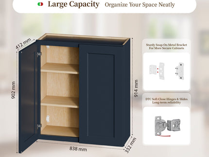Shaker Wall Cabinet With Soft Close Hinges, Adjustable Shelves, Double Door