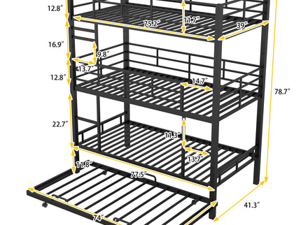 Triple Bunk Bed With Trundle, Heavy Duty Steel Construction