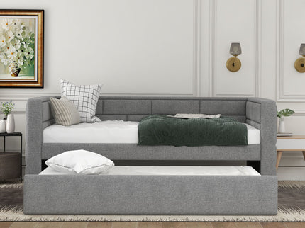 Upholstered Twin Size Daybed With Trundle, Padded Back And Sides - Gray