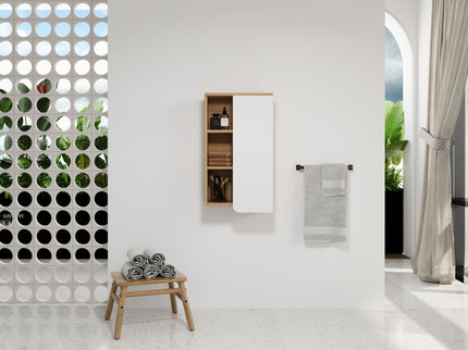 Wall Mounted Bathroom Side Cabinet, Single Door With 3 Tier Open Shelves - Black / Light Oak / White