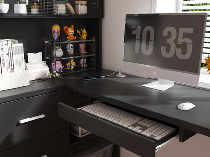 L-Shaped Computer Desk With Glass Cabinets, Built In LED Lights, USB Charging Ports