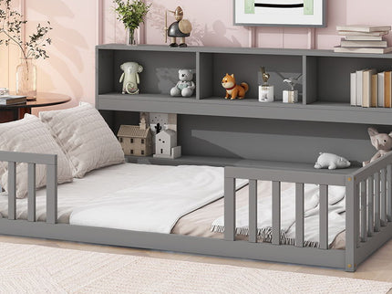Floor Bed With Side Bookcase, Shelves, Guardrails