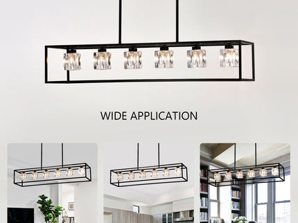 6 Light Farmhouse Chandelier, Modern Industrial Linear Rectangular Crystal Pendant Light Cage Chandelier For Dining Room, Kitchen Island, Bar, Long Table, G9*6 Bulbs Included - Matte Black