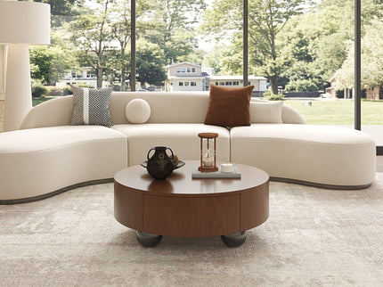 Drum Shaped Coffee Table With Hidden Storage Drawer, Low Profile For Living Room - Walnut