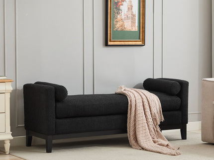 Elegant Upholstered Bench, Daybed, Ottoman With Wood Legs & 2 Bolster Pillows - Black Boucle