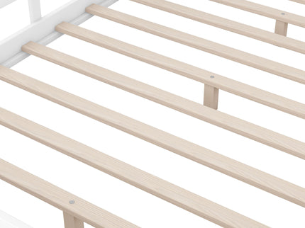 Wood Platform Bed With Built In LED Light, Storage Headboard And Guardrail
