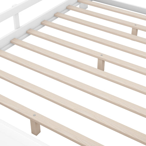Wood Platform Bed With Built In LED Light, Storage Headboard And Guardrail