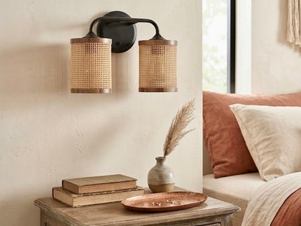 Quell - Double Light Vanity With Natural Shade Wall Lamp - Black / Rattan