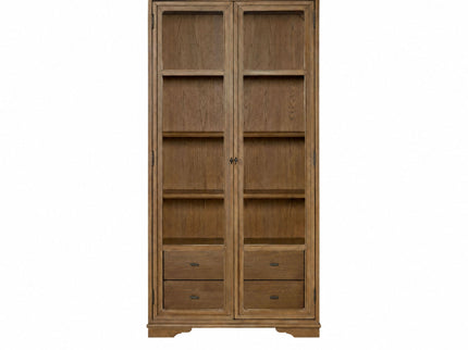 Tall Display Cabinet With Glass Doors And Drawers - Almond