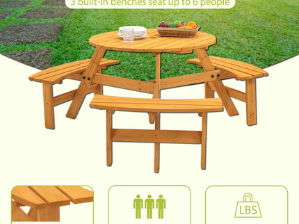 6 Person Circular Outdoor Wooden Picnic Table For Patio, Backyard, Garden, Diy With 3 Built-In Benches, 1720Lb Capacity