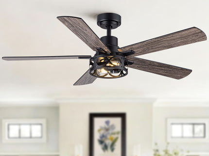 Ceiling Fan With Light, Dual‑Sided Matte Black & Wood Grain Blades - Black