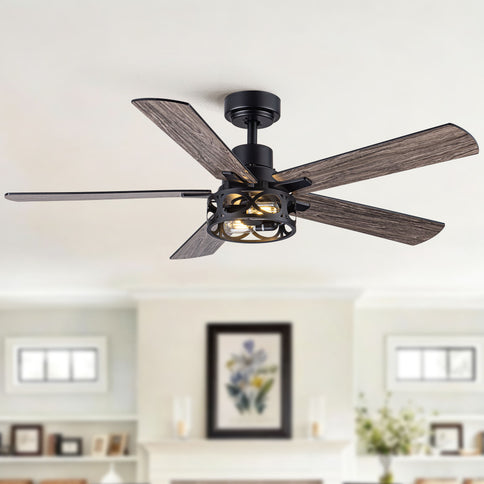 Ceiling Fan With Light, Dual‑Sided Matte Black & Wood Grain Blades - Black