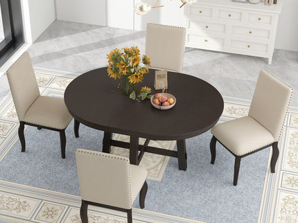 Round Extendable Dining Table Set With 4 Upholstered Chairs
