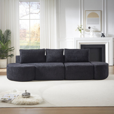 V - Shaped Modular Sofa Set & 3 Pillows And 2 Curved Ottomans For Living Rooms - Black