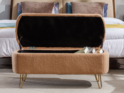 Storage Ottoman Bench For End Of Bed Legs, Modern Camel Faux Fur Entryway Bench Upholstered Padded With Storage For Living Room Bedroom