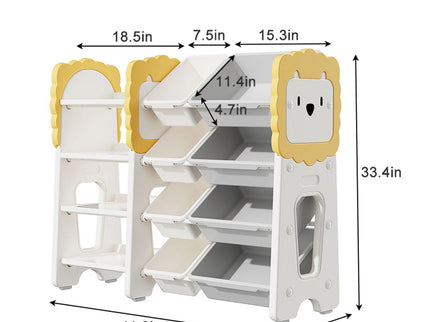Kids Bookshelf And Toy Storage, 4 Tier Toy Organizers With 8 Removable Storage Bins, Kids Toy Storage Organizer For Study Room - Gray / White / Yellow