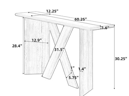 X-Frame Console Table, Angled Cross Leg Design, Rounded Edges - Natural