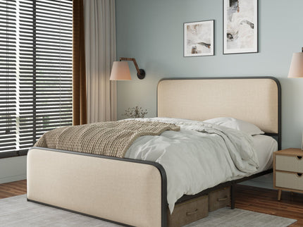 Modern Bed With Curved Upholstered Headboard And Footboard, Heavy Duty Metal Slats