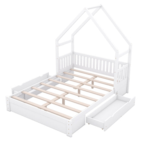 House Style Platform Bed With Guardrail And 2 Drawers