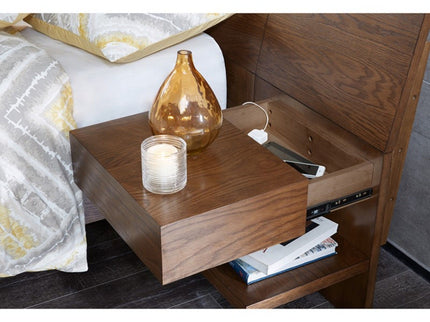 Queen Size Bed With Attached Nightstands And Hidden Storage - Pecan