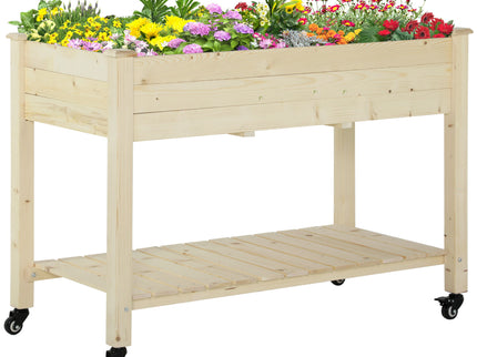 Outsunny - Raised Garden Bed, 47" x 22" x 33", Elevated Wooden Planter Box With Lockable Wheels, Storage Shelf, And Bed Liner For Backyard, Patio - Natural