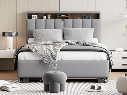 Upholstered Platform Bed With Storage Headboard, Trundle & 2 Drawers And A Set Of Sockets & USB Ports