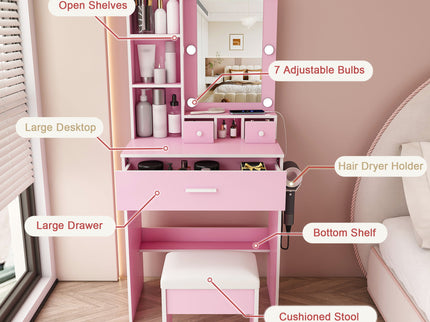 Vanity Table With Mirror, Adjustable LED Lights, Power Outlet, Hairdryer Holder & Stool