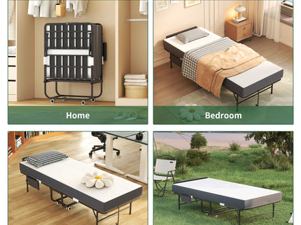 Twin Folding Bed With Adjustable Headboard & Memory Foam, Space Saving Rollaway Guest For Tall People, Portable On Wheels, Easy Assembly - Black