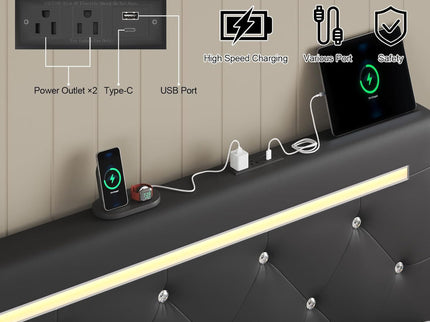 Upholstered Bed Frame With LED Lights, 4 Storage Drawers, Charging Station
