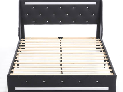 Wingback Upholstered Bed Frame With LED Lights, Charging Station