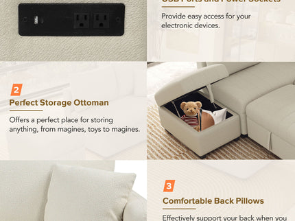 L-Shaped Sectional Pull Out Sofa Bed Sleeper Sofa With Two USB Ports, Two Power Sockets And A Movable Storage Ottoman