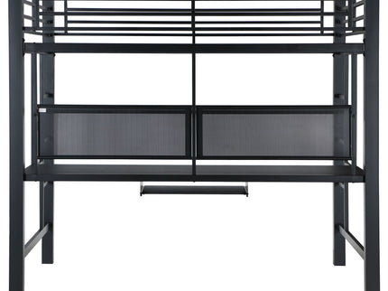 Ranier - Full Workstation Loft Bed, Full Length Desk, Safety Rails And Storage Shelves - Black