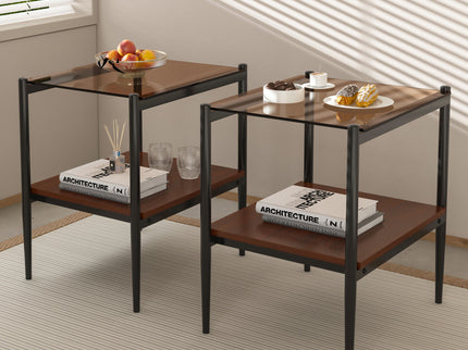 Modern Rectangle End Table (Set of 2) With Tempered Glass Tabletop And Layer - Brown