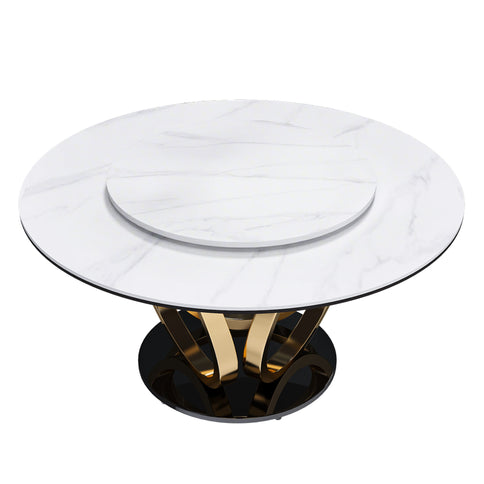 Round Dining Table With 360° Smooth Lazy Susan For Dining Room - Gold / Black / White