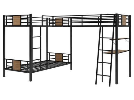 L-Shaped Twin Over Twin Bunk Bed With Twin Size Loft Bed With Desk And Shelf - Brown