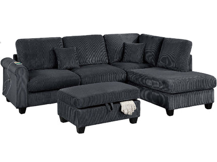 Contemporary Sectional Set With Right Arm Chaise, Left Arm Sofa With USB Port, Storage Ottoman