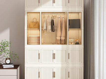 Portable Wardrobe Closet Storage Organizer With 17 Magnetic Doors, 17 Cubes, Hanging Rod & 6 Hangers - Creamy White