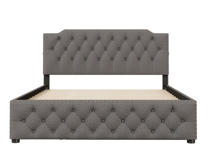 Upholstered Platform Bed With Trundle And 2 Sets Of USB Ports On Each Side, Fabric