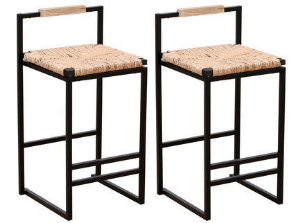 Water Hyacinth Woven Bar Stools With Back Support, Counter Height Dining Chairs (Set of 2) - Natural