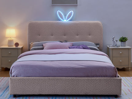 Upholstered Bed With Oversized Rabbit Ear Headboard, LED Lights & 4 Storage Drawers