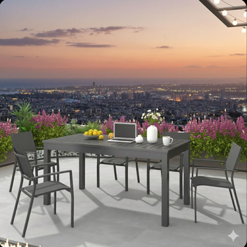 Extendable Outdoor Dining Table, All Weather, Slatted Top, Rust Proof - Gray
