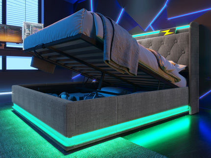 Upholstered Bed, 360 Surround LED Function, Remote Control, Hydraulic Storage Bed With USB, Type-C Charging (Without Mattress)
