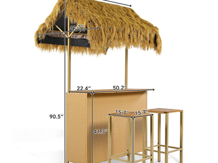 Hawaiian-Style Bar Height Patio Set With PE Grass Canopy, Outdoor Bar Table And Stools With Adjustable Feet, Acacia Wood Top, For Dining And Drinking - Natural