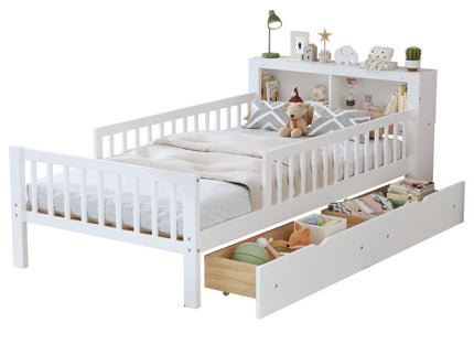 Bed With Headboard Storage Rack, 2 Under Bed Drawers, 3 Side Guardrails For Safety