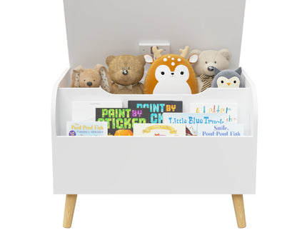 Toy Box With Front Bookshelf, Flip Top Lid, Safety Hinge For Kids Room Organization - White